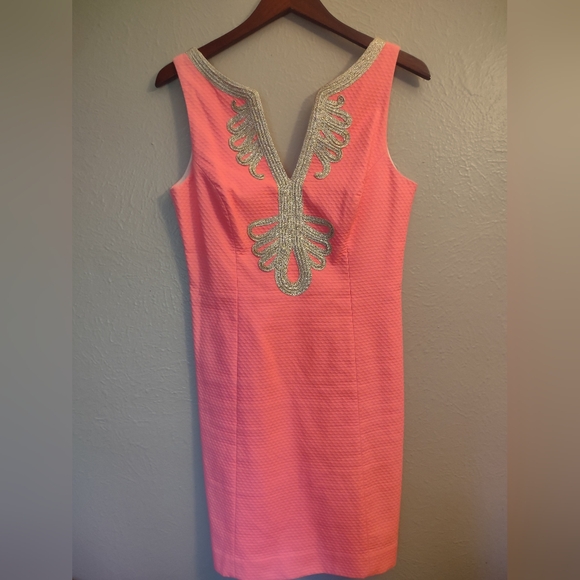 Lilly Pulitzer Janice Shift Dress Coral Reef Pink with Metallic Gold Embroidery. - Picture 2 of 13